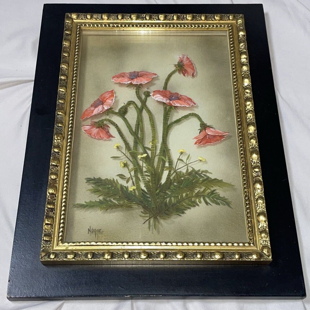 Poppies Flowers Nogar Original Art 12" 8" Large Reverse Oil Painting On Glass